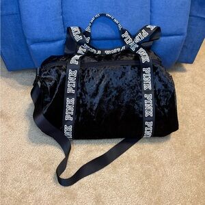 Victoria Secret pink brand Black Velvet Duffle Bag with Logo Straps